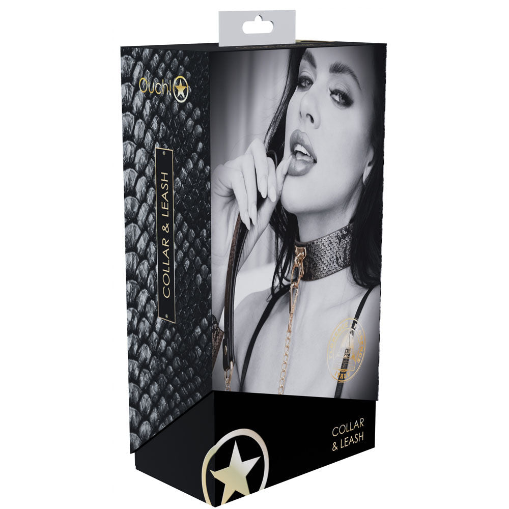 Bonded leather BDSM collar with iridescent leash from the Florence Collection by OUCH! – elegant and adjustable for bondage play, front view box | Flirty bay online adult store, adult toys and lingerie